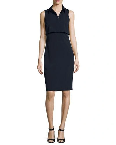 Badgley Mischka Sleeveless Collared Stretch Crepe Popover Dress, Blue In Blue Pattern