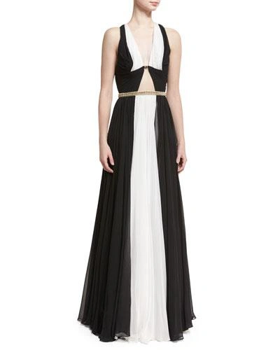 Jenny Packham Sleeveless Colorblock Belted Gown, Black/white