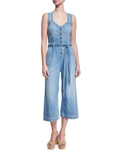 7 For All Mankind Button-front Sleeveless Cropped Denim Jumpsuit, Indigo In Luxe Lounge Coastal Blue