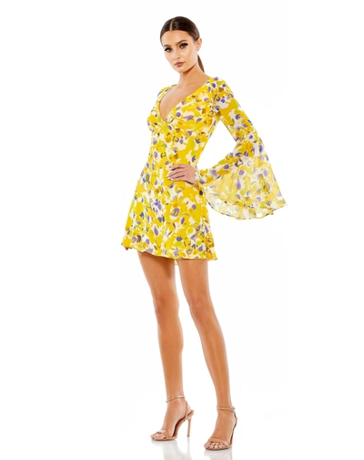 Mac Duggal Floral Bell Sleeve Mini Dress In Yellow Multi