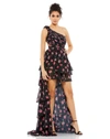 Mac Duggal One Shoulder Ruffled High Low Gown In Black Multi