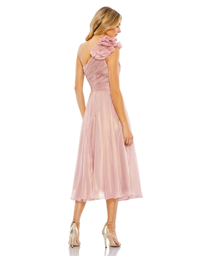 Mac Duggal Gold Rosette One Shoulder Tea Length Dress In Us 0