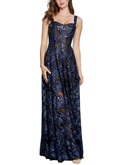 Dress The Population Womens Sequined Embroidered Fit & Flare Dress In Blue