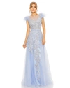 Mac Duggal High Neckline Feather Detail Beaded Gown In Periwinkle
