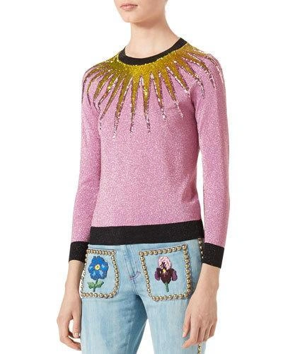 Gucci Embroidered Metallic Sweater, Light Pink In Fuchsia Lurex