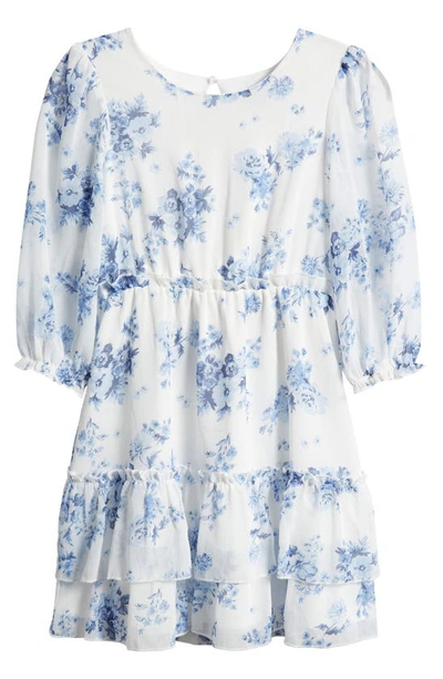 Zunie Kids' Floral Ruffle Waist Dress In White/ Blue