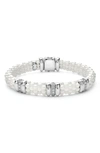 Lagos Sterling Silver And Gold White Caviar White Ceramic 3-station Diamond 1-row Bracelet In Silver/ Diamond