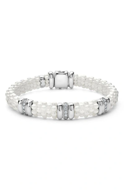 Lagos Sterling Silver And Gold White Caviar White Ceramic 3-station Diamond 1-row Bracelet In Silver/diamond