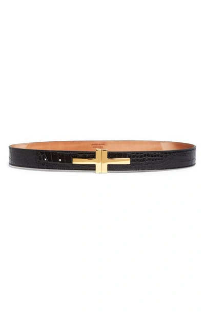 TOM FORD TOM FORD DOUBLE T CROC EMBOSSED CALFSKIN LEATHER BELT