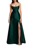 Alfred Sung Open Neckline Cutout Satin Twill A-line Gown With Pockets In Evergreen