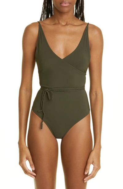 Totême V-neck One-piece Wrap Swimsuit In Dark Green