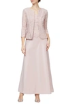 ALEX EVENINGS EMBROIDERED LACE MOCK TWO-PIECE GOWN WITH JACKET