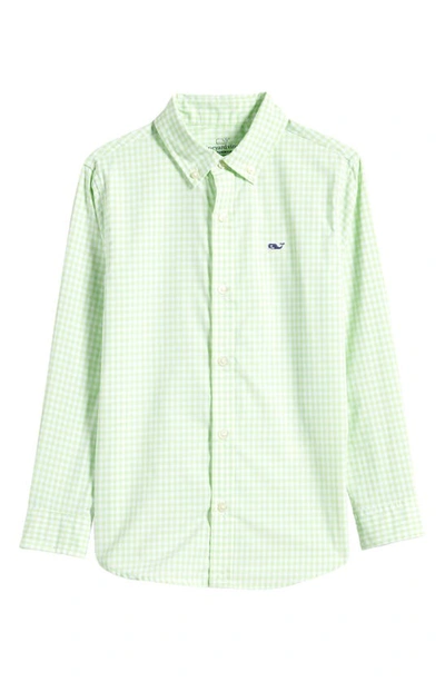 Vineyard Vines Kids' Gingham Performance Whale Button-down Shirt In Green Gingham