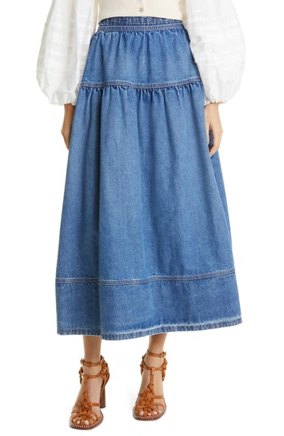 Ulla Johnson The Astrid Flared Denim Midi Skirt In Danube Medium Indigo Wash