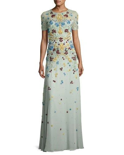 Jenny Packham Floral-appliqu&eacute; Short-sleeve Illusion Gown In Light Green