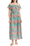 BAROK PARIS FLORAL OFF THE SHOULDER COTTON BLEND MAXI DRESS