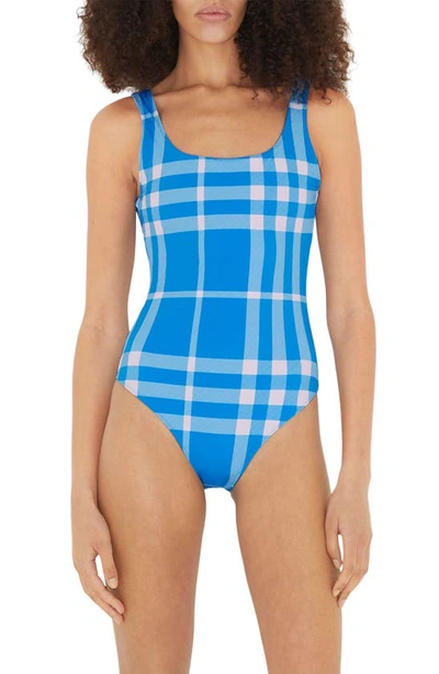 Burberry Check Stretch Nylon Swimsuit In Blue