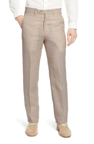Berle Flat Front Solid Linen Dress Trousers In Natural