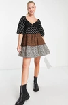 Asos Design Mixed Print Babydoll Minidress In Black/ Brown Print