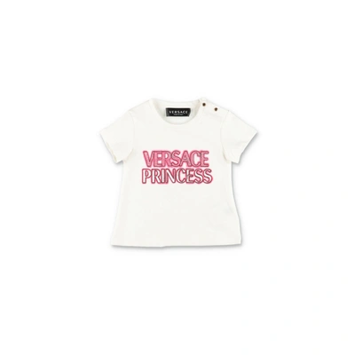 Versace Babies' Logo图案印花棉t恤 In White Pink