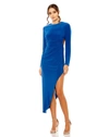 Mac Duggal High Neck Jersey Gown With Open Back And Asymmetrical Hem In Cobalt