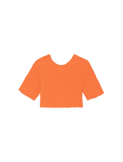 Ganni Short Sleeve Orange Cotton Poplin Cropped Smock Top In Yellow & Orange