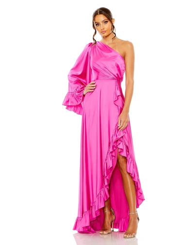 Mac Duggal Long One Sleeve Asymmetrical Ruffle Hem Gown In Magenta