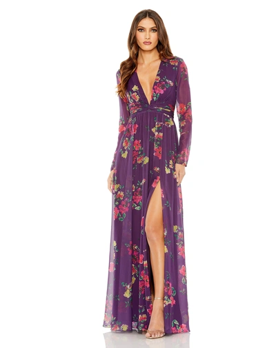 Mac Duggal Long Sleeve Ruched Top Deep V-neckline Gown In Purple Multi