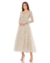 Mac Duggal Embellished Wrap Over Long Sleeve Midi Dress In Taupe