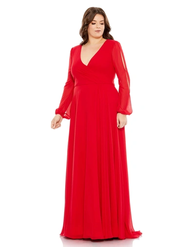 Mac Duggal Split Puff Sleeve Faux Wrap A Line Gown In Red