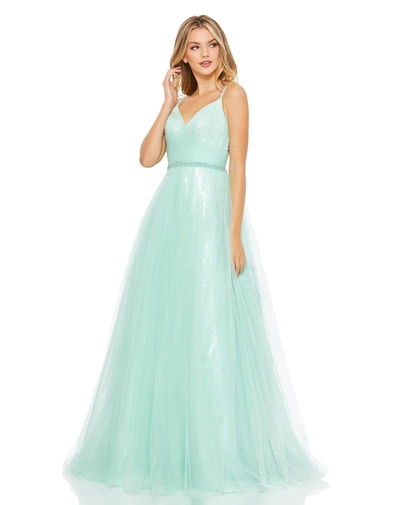 Mac V-neckline Tulle Ballgown With Embellished Belt In Mint