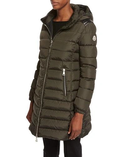 Moncler Orophin Long Puffer Coat W/leather Trim, Olive
