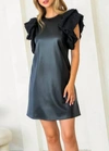 THML LEATHER PUFF FLUTTER SLEEVE DRESS IN BLACK