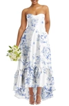 Alfred Sung Strapless Floral High-low Ruffle Hem Maxi Dress With Pockets In Cottage Rose-larkspur