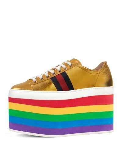 Gucci Metallic Leather Platform Sneakers In Multicolor