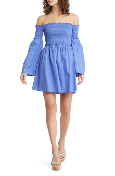 French Connection Rhodes Off The Shoulder Long Sleeve Cotton Poplin Dress  In Baja Blue | ModeSens