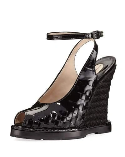 Bottega Veneta Intrecciato Patent-leather Espadrille Wedge Sandals In Black