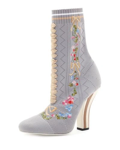 Fendi Floral-embroidered Striped-heel Sock Boots In Dove-gry