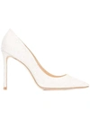 JIMMY CHOO SILVER-TONE GLITTERED ROMY PUMPS IN CALF LEATHER WOMAN