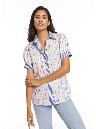 Robert Graham Angie Runway Print Stretch Cotton Puff Sleeve Blouse In White