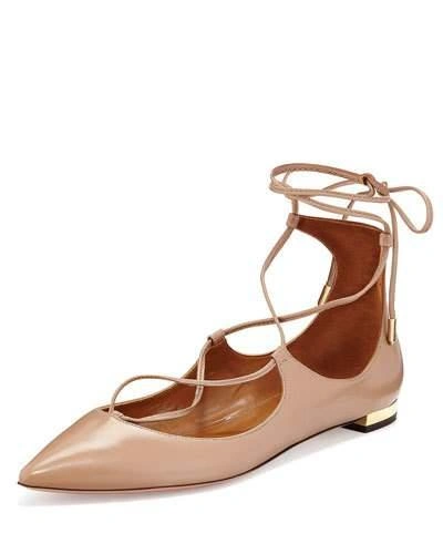 Aquazzura Christy Lace-up Leather Flat, Biscotto
