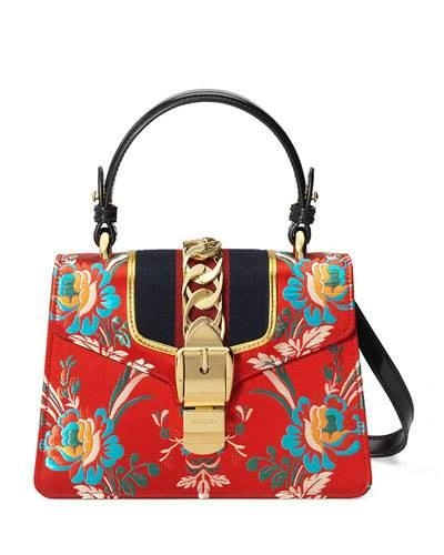 Gucci Sylvie Mini Chain-embellished Jacquard Tote In Red