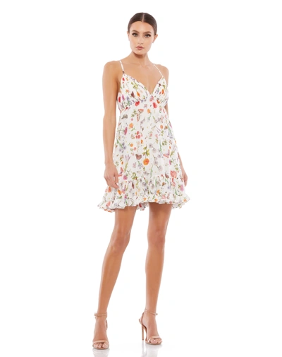 Ieena For Mac Duggal Butterfly Print Ruffle Hem Mini Dress In White Multi