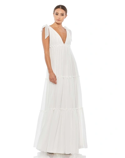 Ieena For Mac Duggal Tiered V-neck Plunging Maxi Dress In White