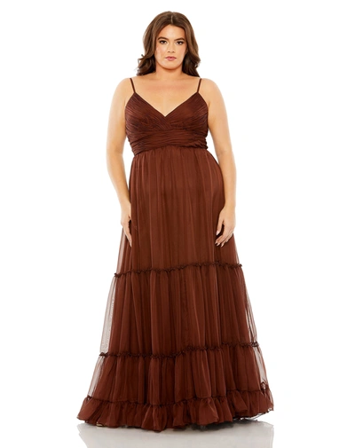 Mac Duggal Tiered V-neckline Ruched Gown In Chocolate