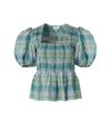 GANNI SEERSUCKER CHECK SMOCK BLOUSE