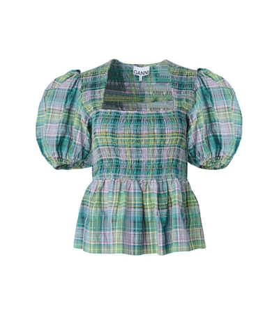 Ganni Seersucker Check Smock Blouse In Lagoon