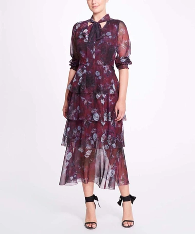 Marchesa Floral Printed Chiffon Tiered Midi Dress In Burgundy