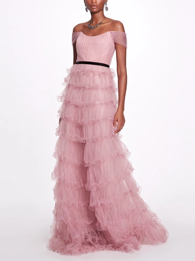 Marchesa Multi-tiered Tulle Gown In Mauve