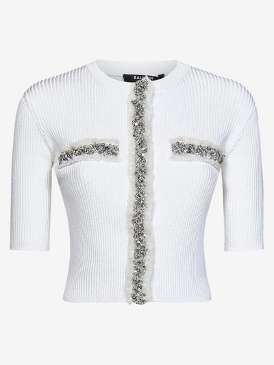 Balmain Embroidered Cropped Knit Cardigan In White